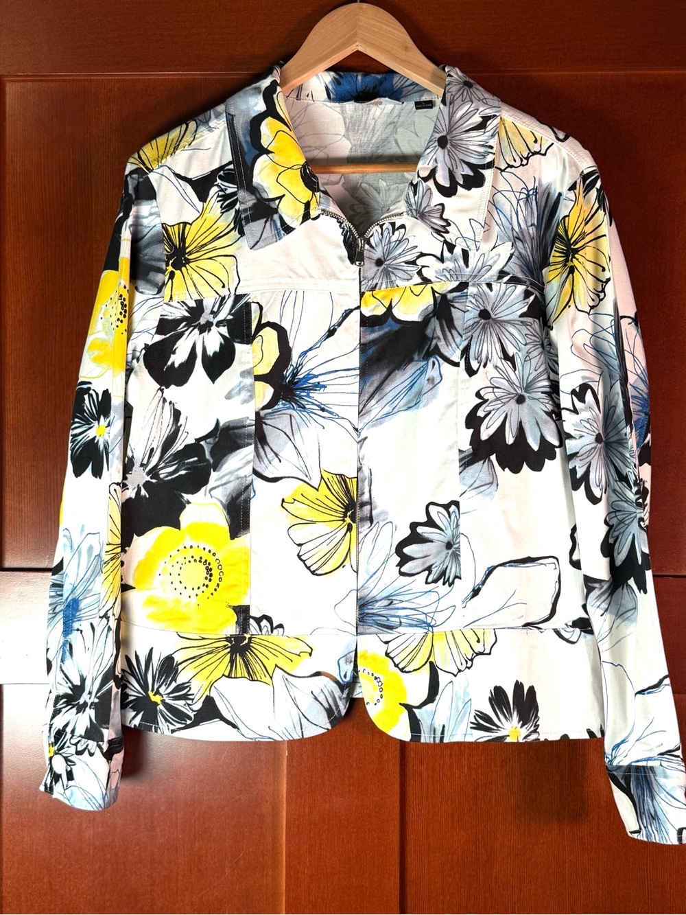 Toni Morgan Floral Cotton Stretch Jacket Size L Yellow Blue White